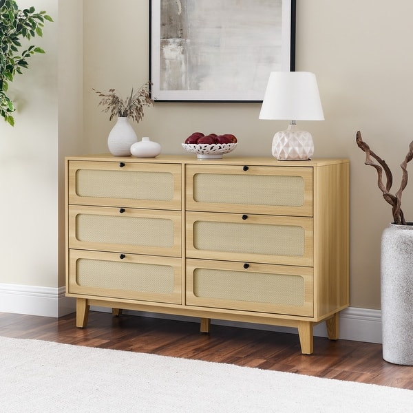 Grondin Mid-Century Modern Boho Style 6 Rattan Drawers Double Dresser with  MDF Frame and Solid Wood Legs, - Bed Bath & Beyond - 39317032