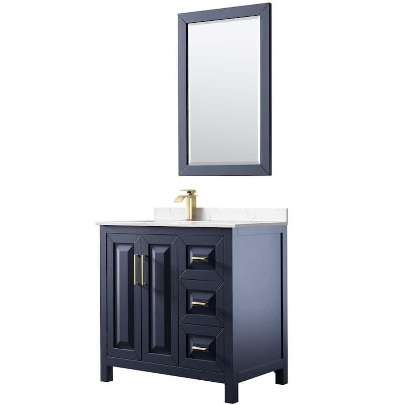 Daria 36-inch Single Vanity, Cultured Marble Top, 24-inch Mirror - Dark Blue, Gold Trim, Carrara Cultured Marble Top