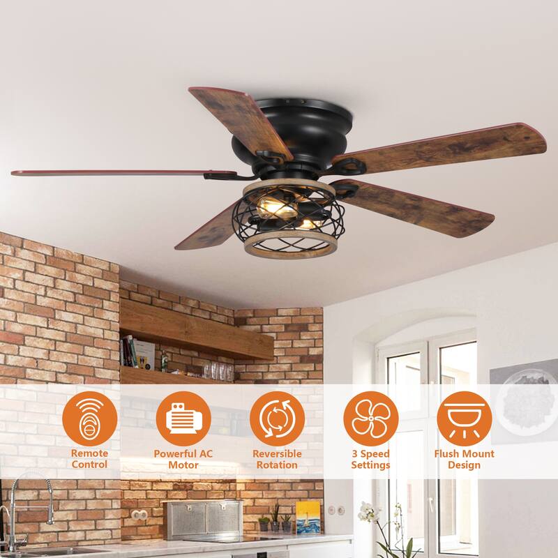 48" Antique Wooden 5-Blade Black Flush Mount Ceiling Fan with Light