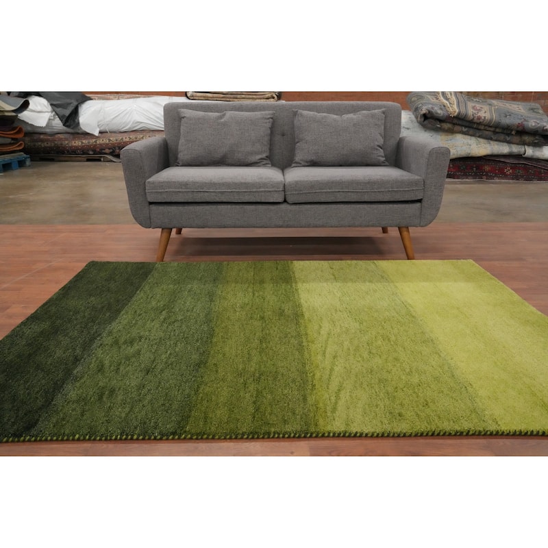 Hand Knotted Oriental 100% Wool Carpet Modern Stripe Green Gabbeh Area Rug - 6' 8'' X 4' 11''