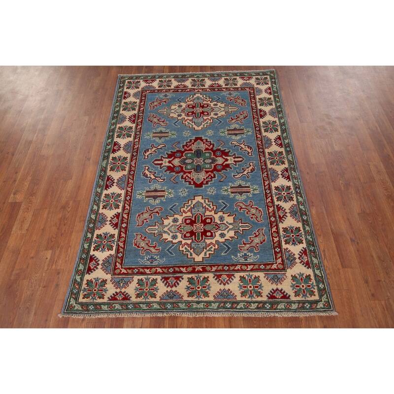 Blue Geometric Kazak Oriental Accent Rug Handmade Wool Carpet - 4'0" x 5'10"