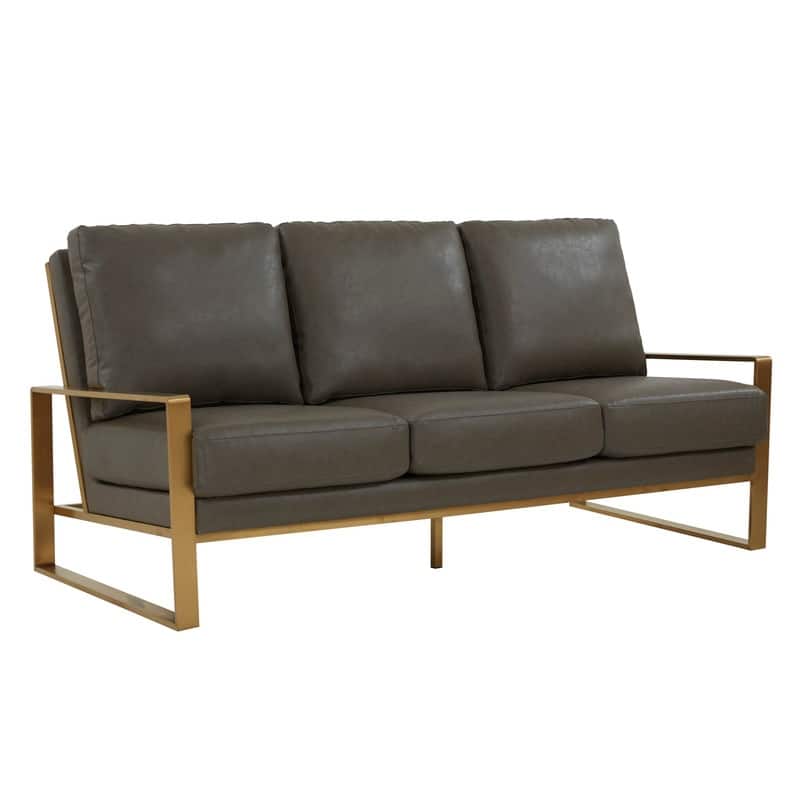 Jefferson Modern Leather Upholstered 3 Seater Loveseat Sofa Chair in Brushed Gold Steel Base with Armrest Removable Cushion - Grey