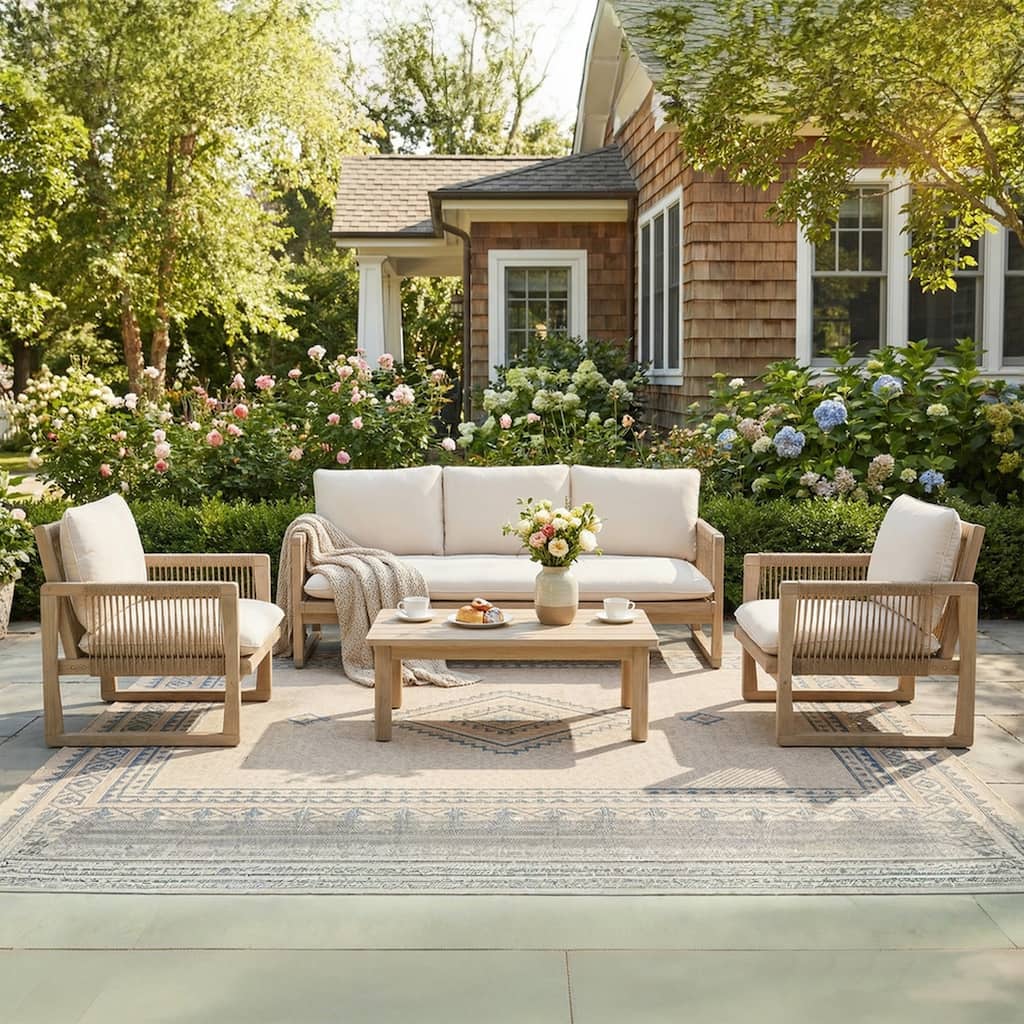 Outdoor 4-Piece Conversation Set Acacia Wood Patio 3-Seater Sofa Set Rope Weave Arm Chair with Coffee Table Weather Resistant