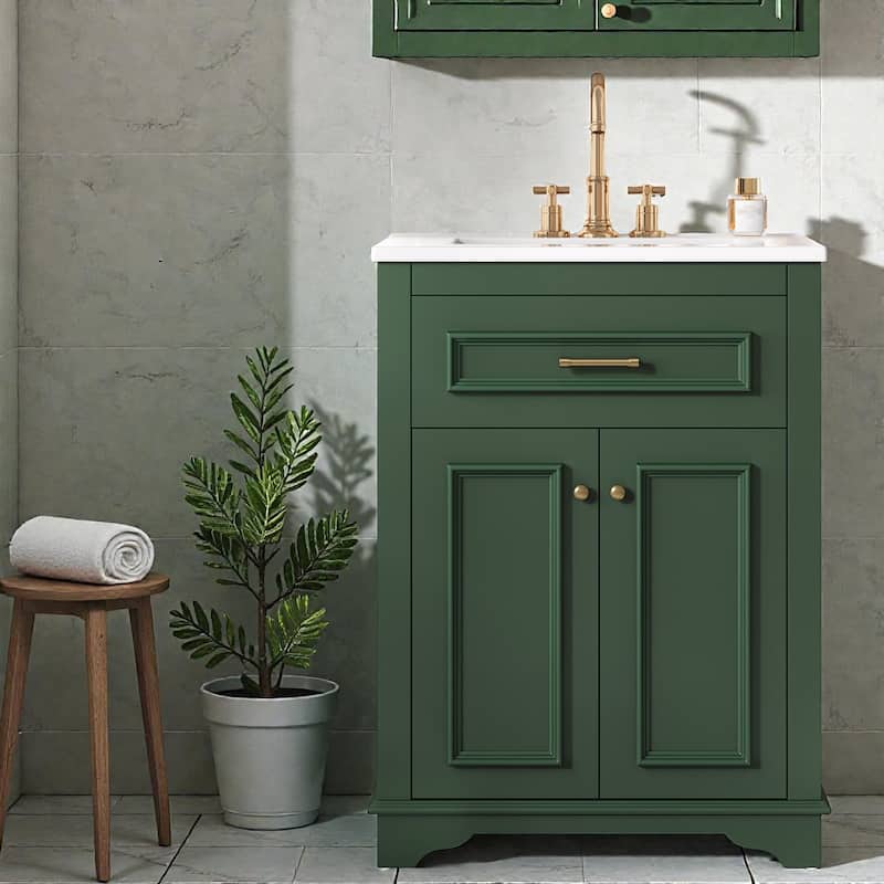 24 Inch Bathroom Vanity with Integrated Ceramic Sink, Freestanding Cabinet with Tip-Out Drawer, Small Space Vanity