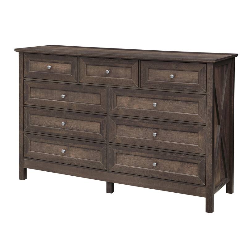 Rustic Wooden Storage Dresser with 9 Drawers, 55" Long Dressers & Chest of Drawers Beside Table for Bedroom Living Room