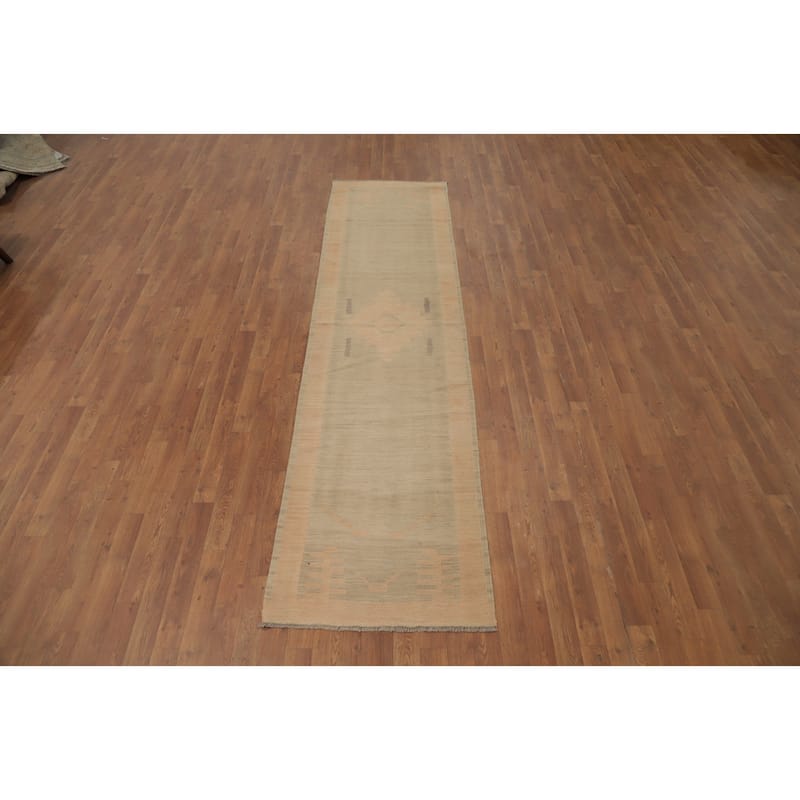 Hand Woven Oriental 100% Wool Carpet Southwestern Tribal Beige & Ivories Kilim Runner Rug - 10' 0'' X 2' 6''