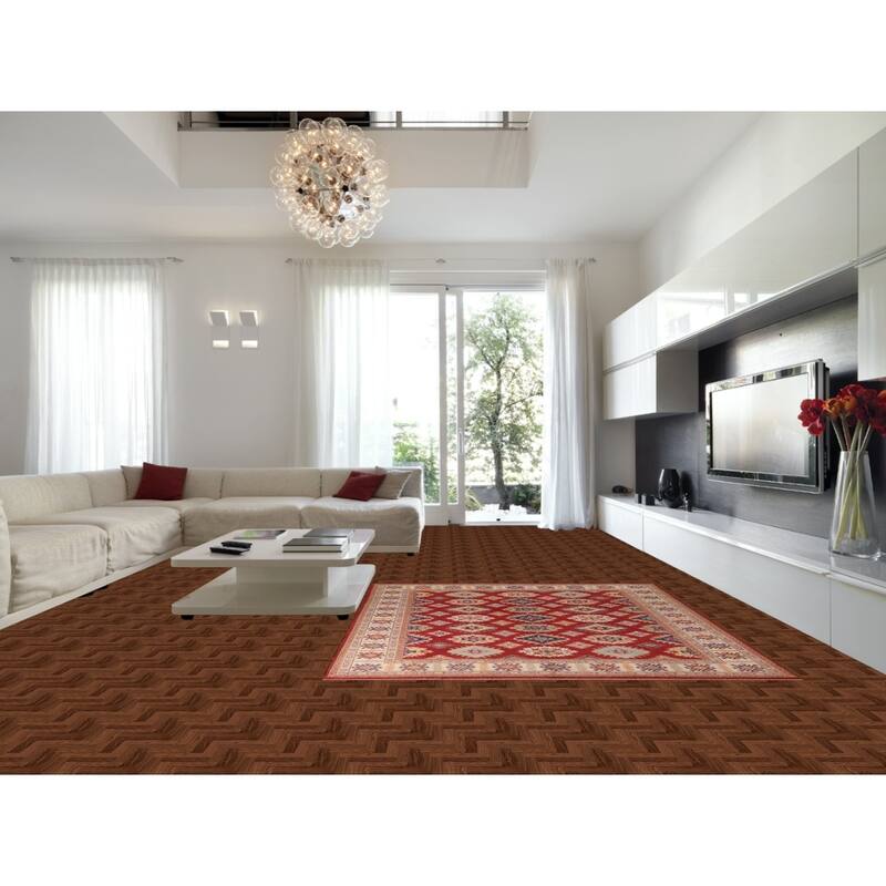 Red Geometric Kazak Area Rug Handmade Wool Carpet - 8'1" x 9'7"