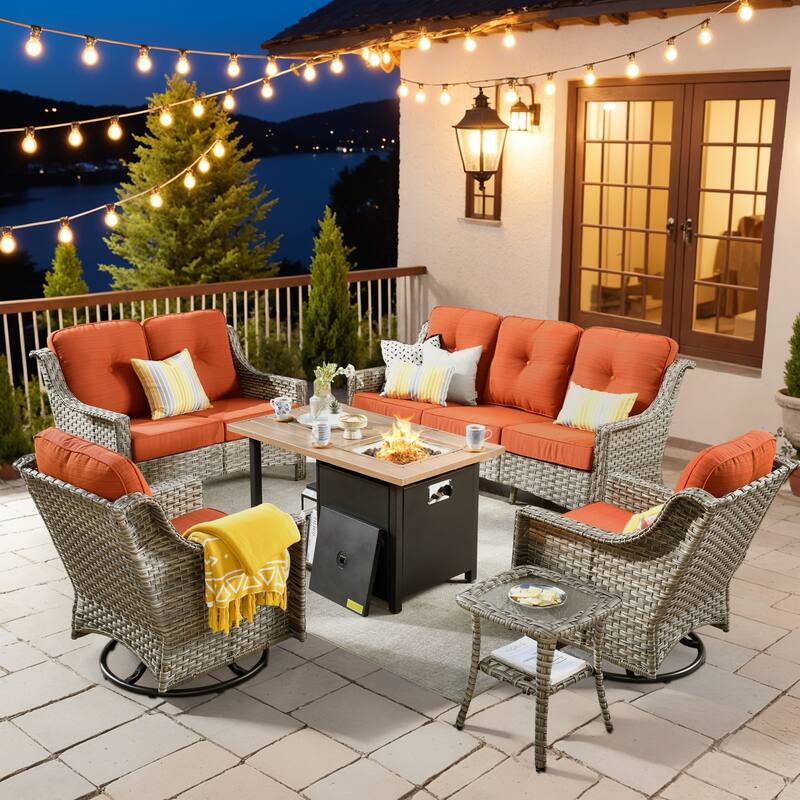 XIZZI 6-Piece Outdoor High-back Furniture Swivel Chair Set - Red/Orange