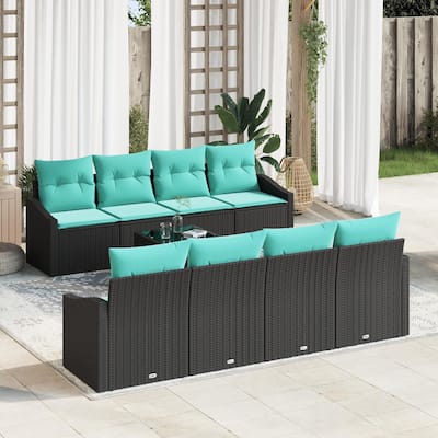 vidaXL 9 Garden Sofa Set with Cushions Black Rattan - 91.7 x 24.4 x 27.2