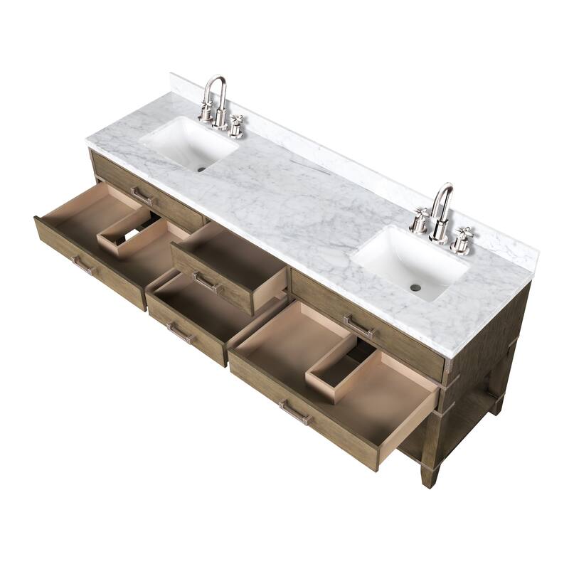 Lexora Norwalk Bath Vanity, Carrara Marble Top, Faucet Set, and Mirror