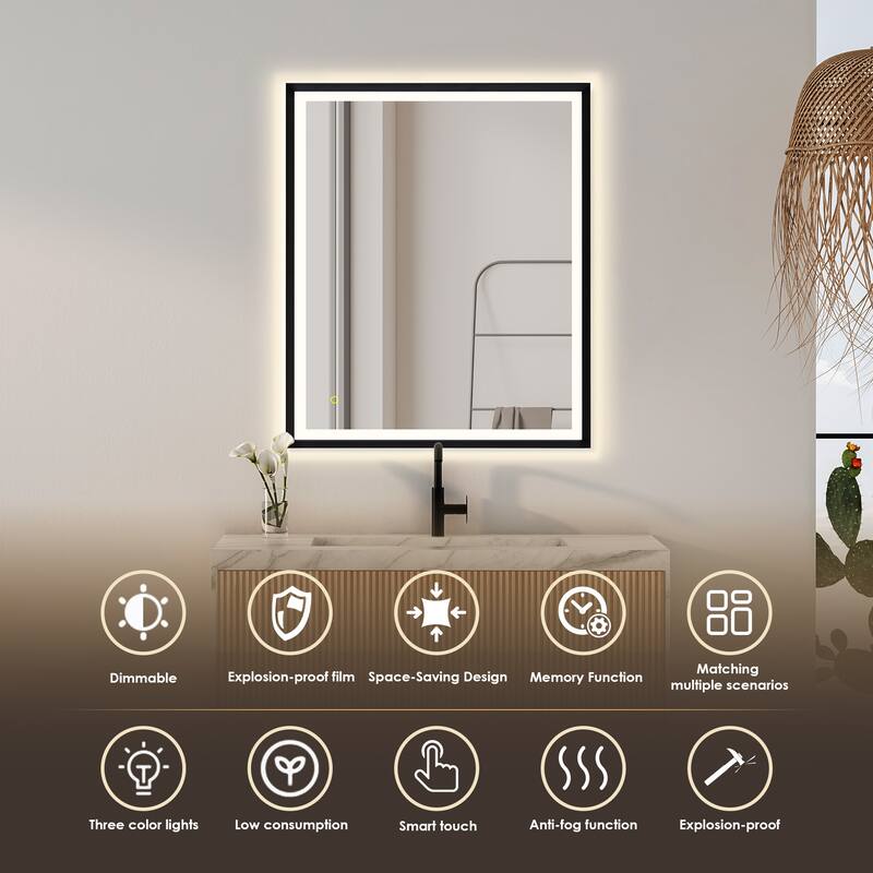 Apollo Rectangular Anti-Fog Dimmable Modern Bathroom/Vanity LED Lighted Wall Mirror in Matte Black Aluminum Framed