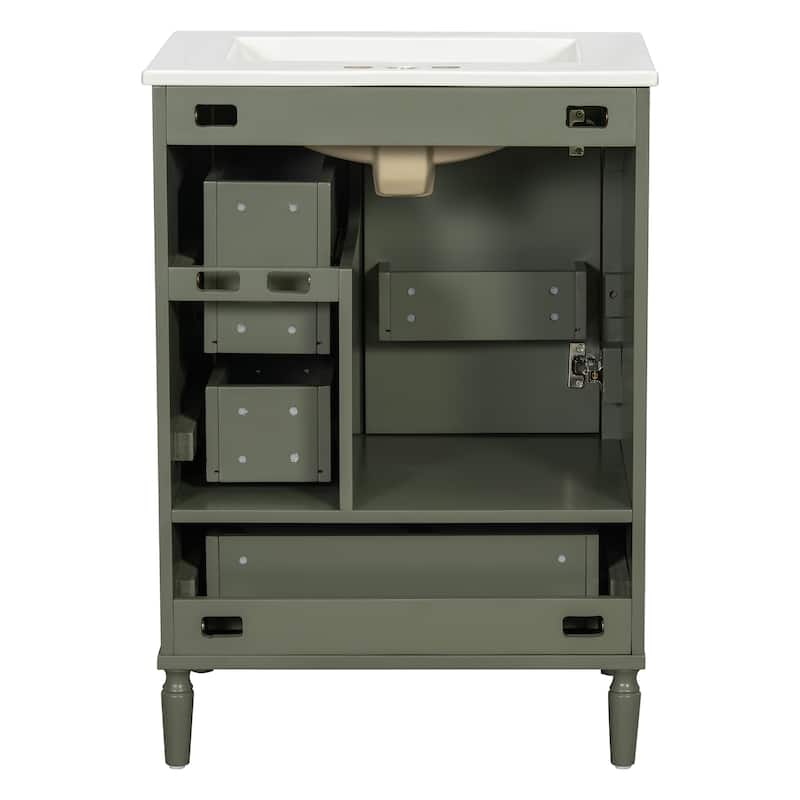 24" Modern Bathroom Vanity with Ceramic Sink - Soft-Close Door, 3 Drawers & Gold Handles