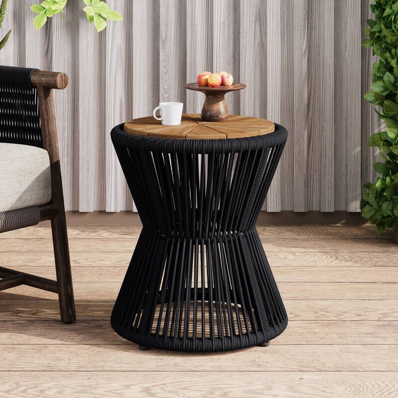 Scott Living - Nara 18.9"H Modern Outdoor Acacia Wood and Woven Rope Side Table, Tapered Cylindrical Silhouettes Design - Black,Teak finish