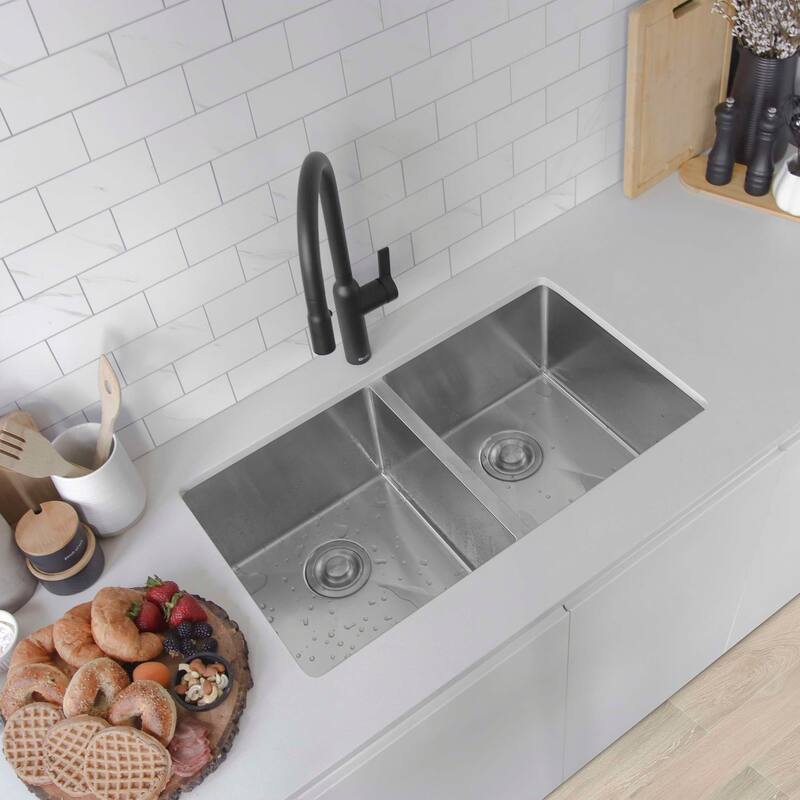Stylish Undermount 32" Double-Bowl Stainless Steel 18G Kitchen Sink S-301G - 32" x 18" x 10"