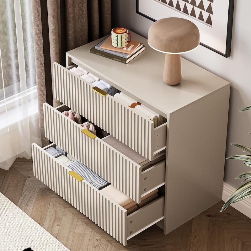 3 Drawer Fluted Dresser, 32 Inch Wide Nightstand with Large Drawer End Table for Bedroom