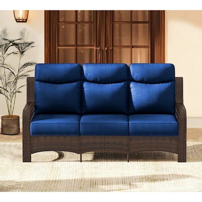 25 in. High Back Outdoor Couch with 5 in. Thick Cushions, 3-Seat Rattan Sofa for Porch, Patio Conversation Set - Three-Seater