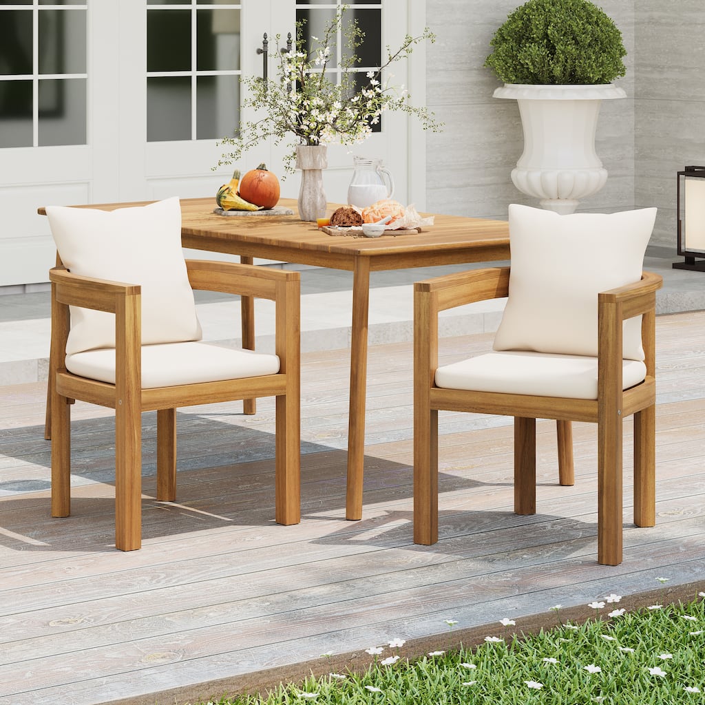 Roomfitters Abaco Outdoor Acacia Wood Dining Chairs with Beige Cushions, Teak Finish Set of 2