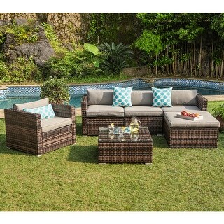 COSIEST Outdoor 6-Piece Wicker Sectional Sofa, Armchair with Ottoman