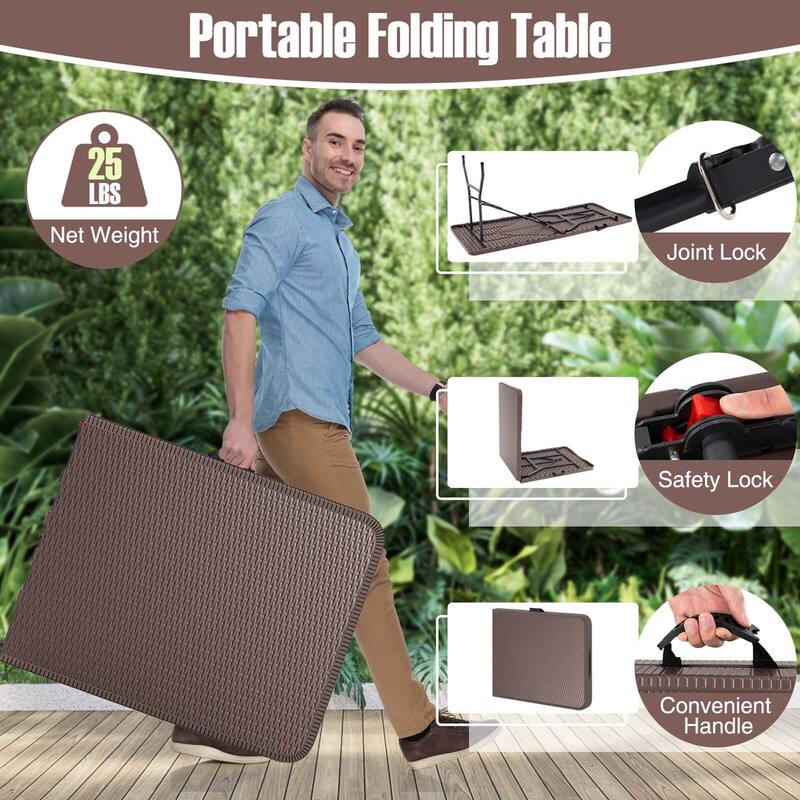 Costway 350 LBS Fold-in-Half Table with Rattan-Like HDPE Tabletop Safe - See Details