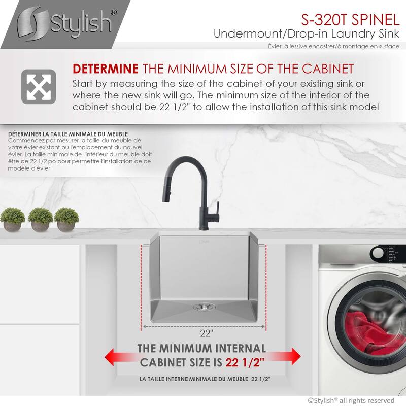 STYLISH 22 inch L x 18 inch W Stainless Steel Single Basin Dual Mount Laundry Sink with Strainer - 22" x 18" x 12"