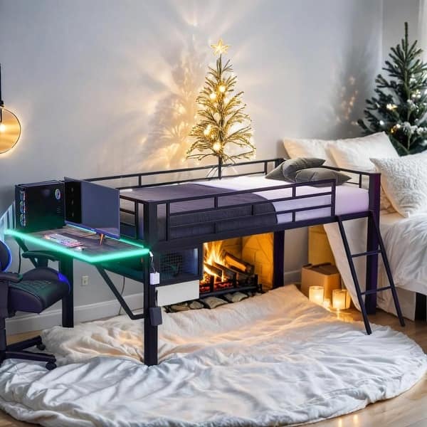 slide 2 of 14, Twin Size Gaming Mid Loft Bed with desk & LED, Maximized Space, Black Black