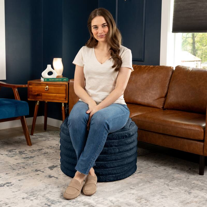 Plush Ribbed Faux Fur Pouf Ottoman - 22" - Midnight Blue