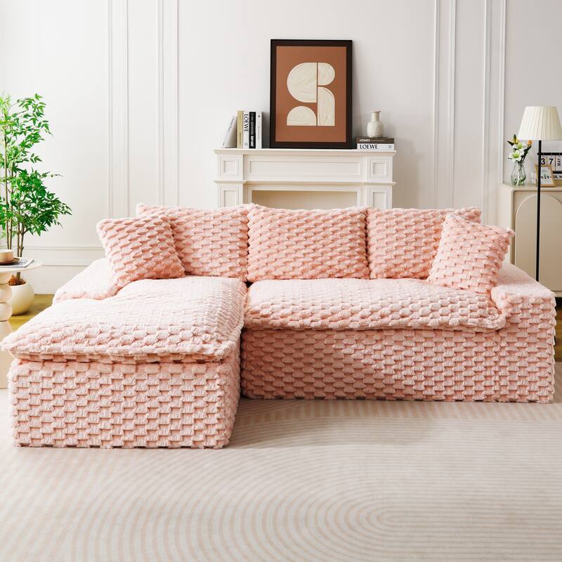 L-Shaped Sleeper Sectional Sofa Convertible Straight Sofa, Loveseat and Chaise Lounge Set for Living Room - Pink - Right Facing