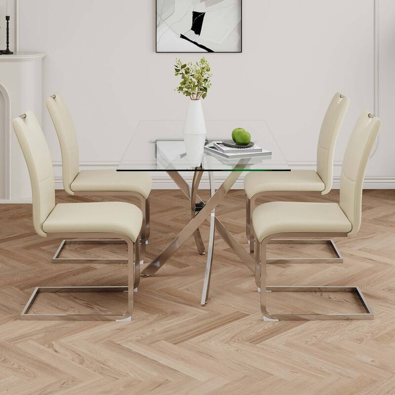 PU Dining Chair Living Room Chair with Silver Leg(Set of 4)