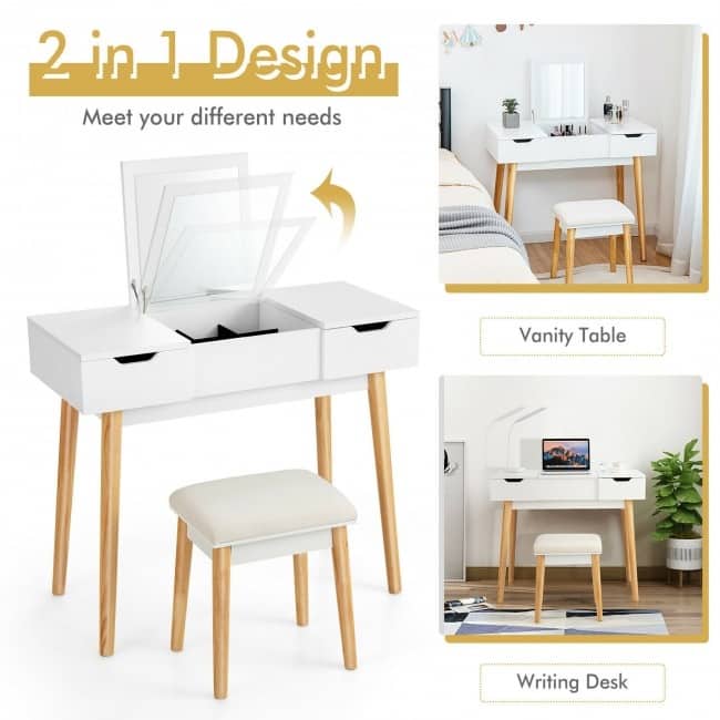 Makeup Vanity Table Set with Flip Top Mirror and 2 Drawers - 35.5" x 16" x 30" (L x W x H)