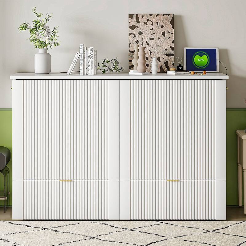 Space-Saving Queen Size Murphy Bed with Drawer, USB Ports, and Pulley Mechanism, Convertible Wall Bed with Flexible Slats
