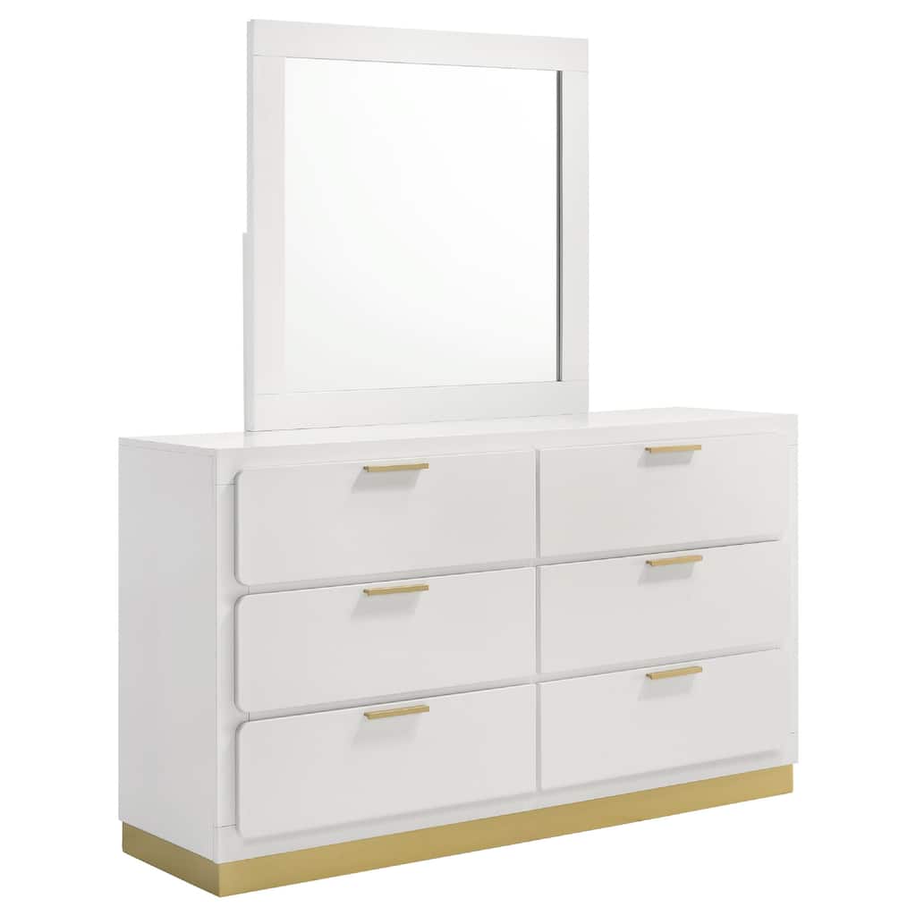 Caer Wide Dresser with Mirror, 6 Drawers, White Wood Frame, Gold Metal