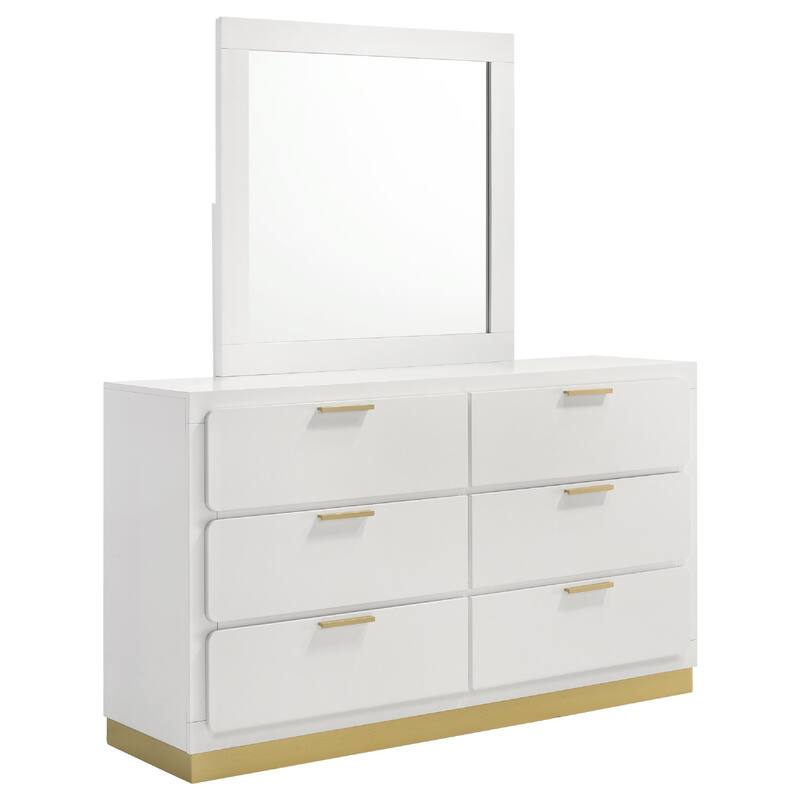 Caer Wide Dresser with Mirror, 6 Drawers, White Wood Frame, Gold Metal
