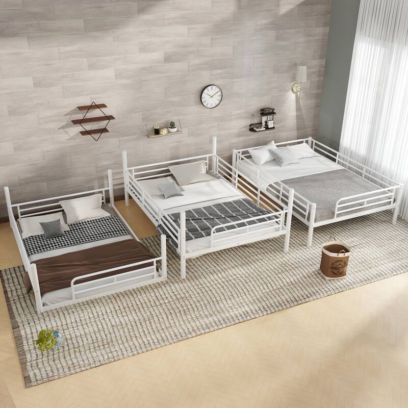 Full over Full over Full Bunk Bed, Metal Triple Bunk Bed with Safety Guardrails, Heavy-duty Bunk Bed with Noise-reduced Design