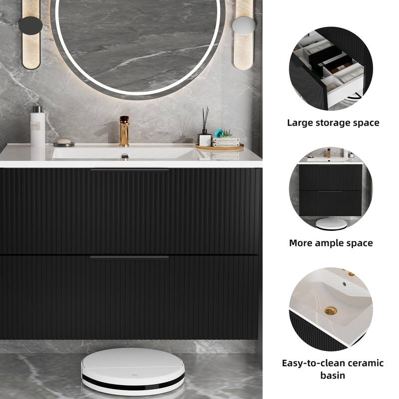 36" Floating Bathroom Vanity with Ceramic Sink - Wall Mounted Fluted Vanity Cabinet with Drawers, Modern Design