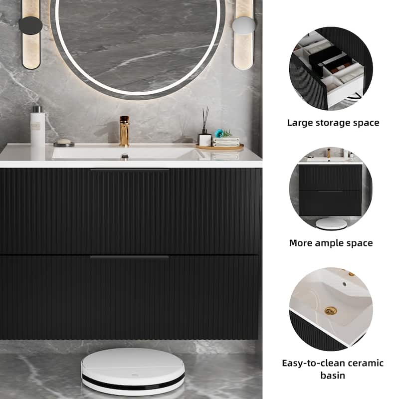 Bathroom Vanity with Sink, Wall Mounted Fluted Bathroom Cabinet, Floating Bathroom Vanity with 2 Soft-Close Drawers