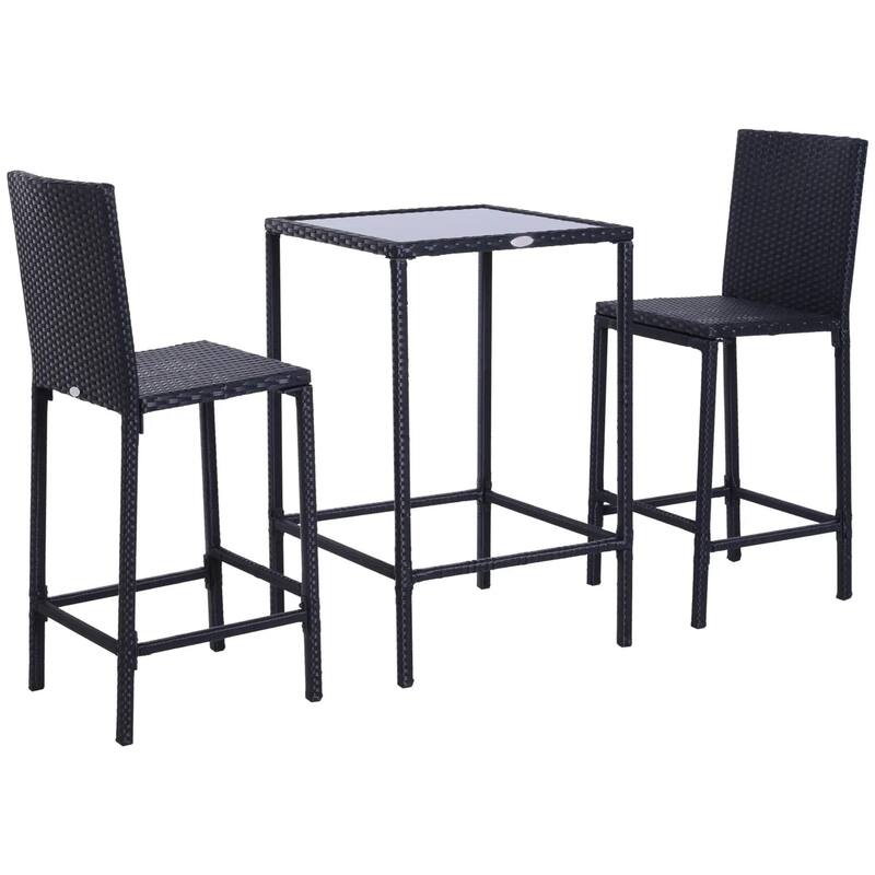 3pcs Rattan Bar Set with Glass Top Table, 2 Bar Stools for Outdoor