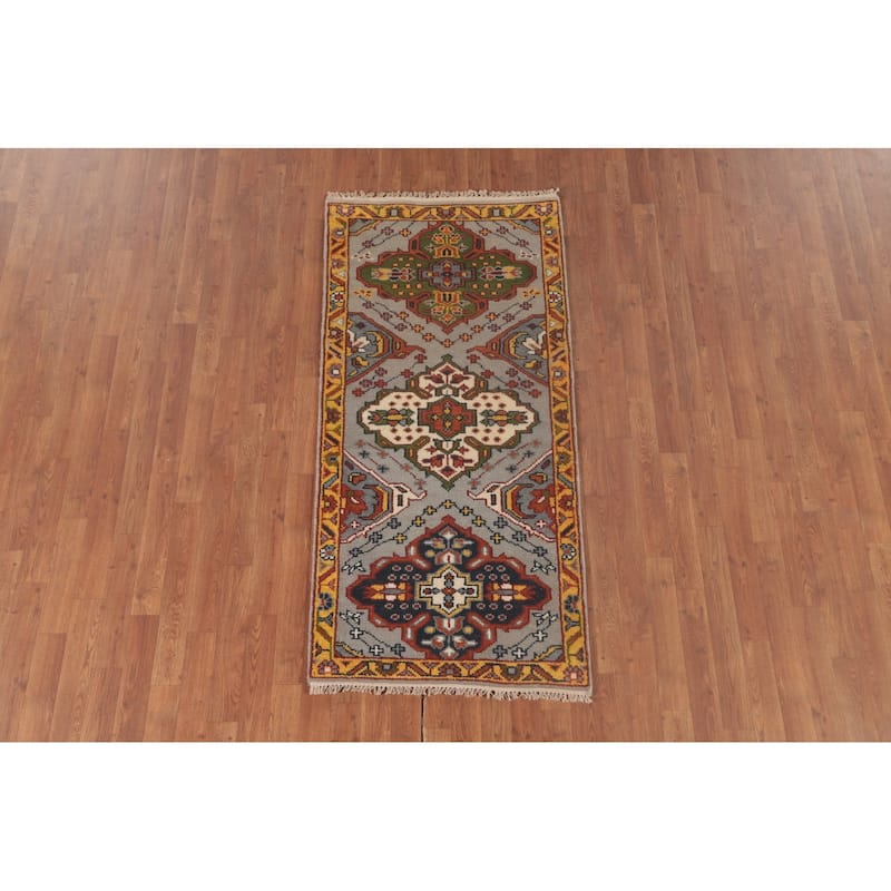 Gray Geometric Kazak Accent Rug Hand-Knotted Wool Carpet - 2'8"x 5'8"