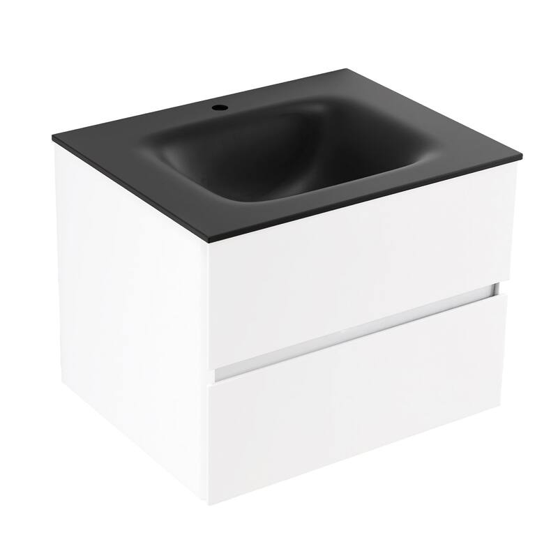Wall-Mounted Bathroom Vanity Set in White with Black Quartz Top and Integrated Sink