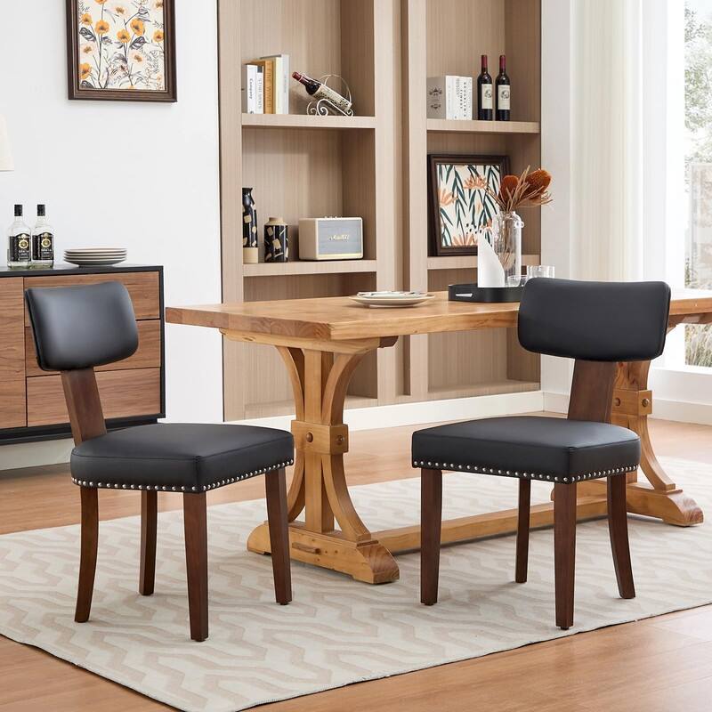 Set of 2 Modern Leather/Linen Dining Chairs - Curved Backrest w/Hardwood Frame - Black-PU
