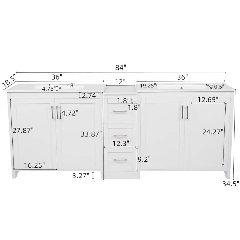 84" Double-Sink Bathroom Vanity with Quartz Countertop, 2 Ceramic Sinks, 3 Drawers, and Adjustable Shelves