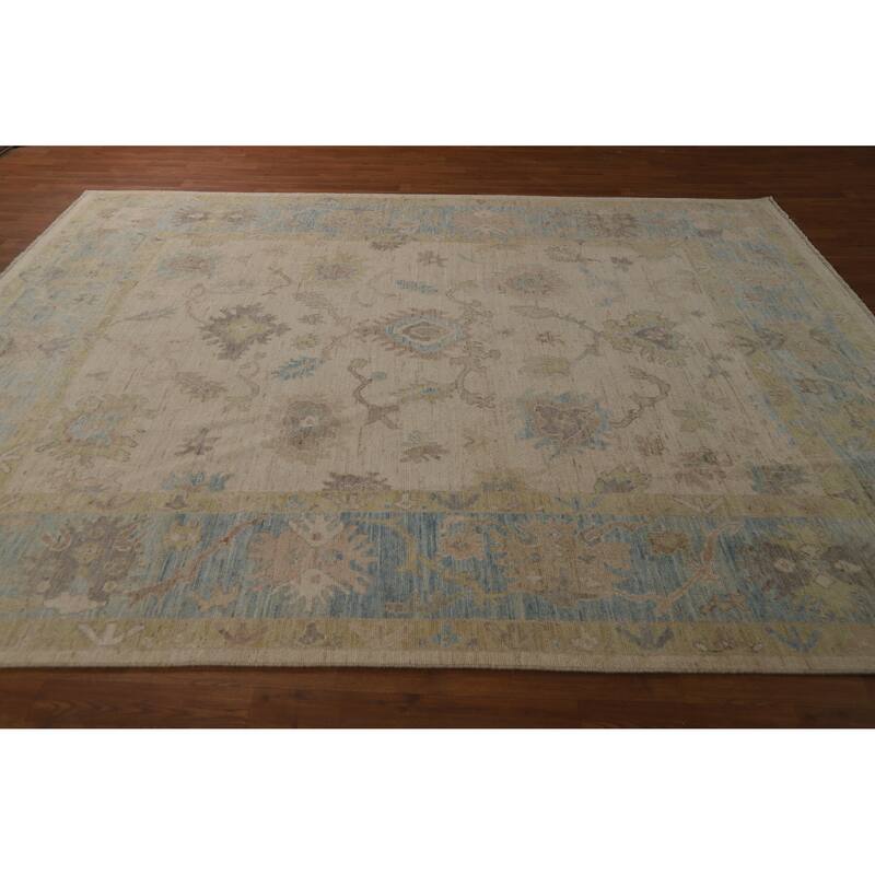 Beige Vegetable Dye Oushak Turkish Area Rug Hand-Knotted Wool Carpet - 7'10"x 9'10"
