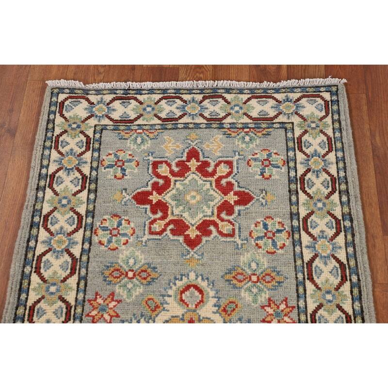 Geometric Kazak Oriental Runner Rug Hand-Knotted Wool Carpet - 2'1" x 5'9"