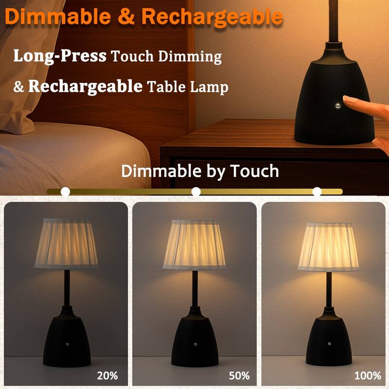 14'' Classic Fabric Shade Rechargeable LED Table Lamp Touch Control Cordless USB Nightstand Lamp with Stepless Dimming(2 Pack)