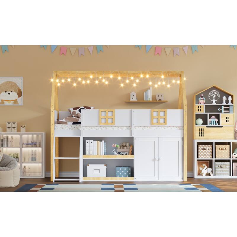 Roomfitters Twin/Full Low Loft Bed with LED Lights, Storage Staircase and Cabinets