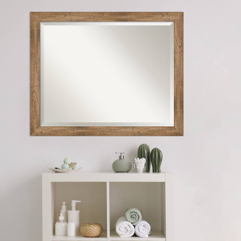 Beveled Wood Bathroom Wall Mirror - Owl Brown Narrow Frame