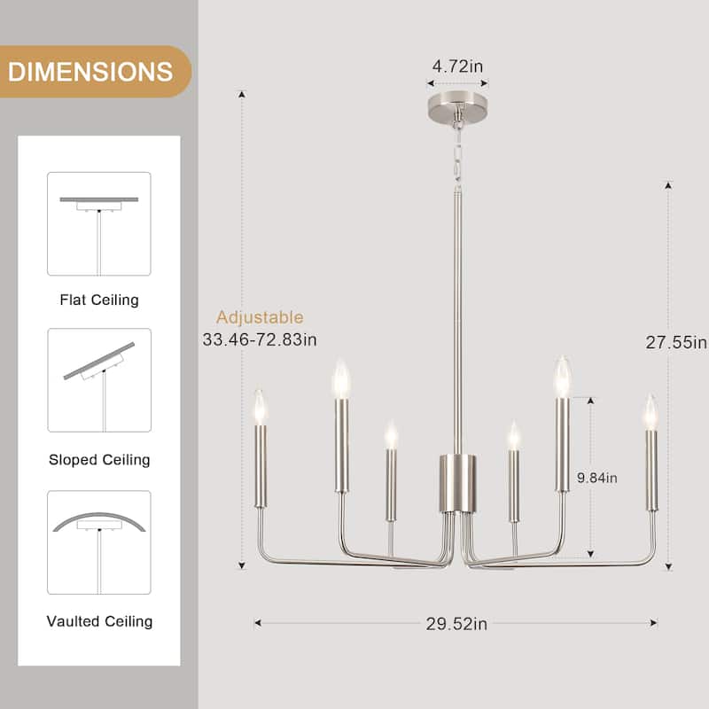 Modern 6-Light Simple Candle Chandelier for Kitchen Island, Living Room, Bedroom, Foyer