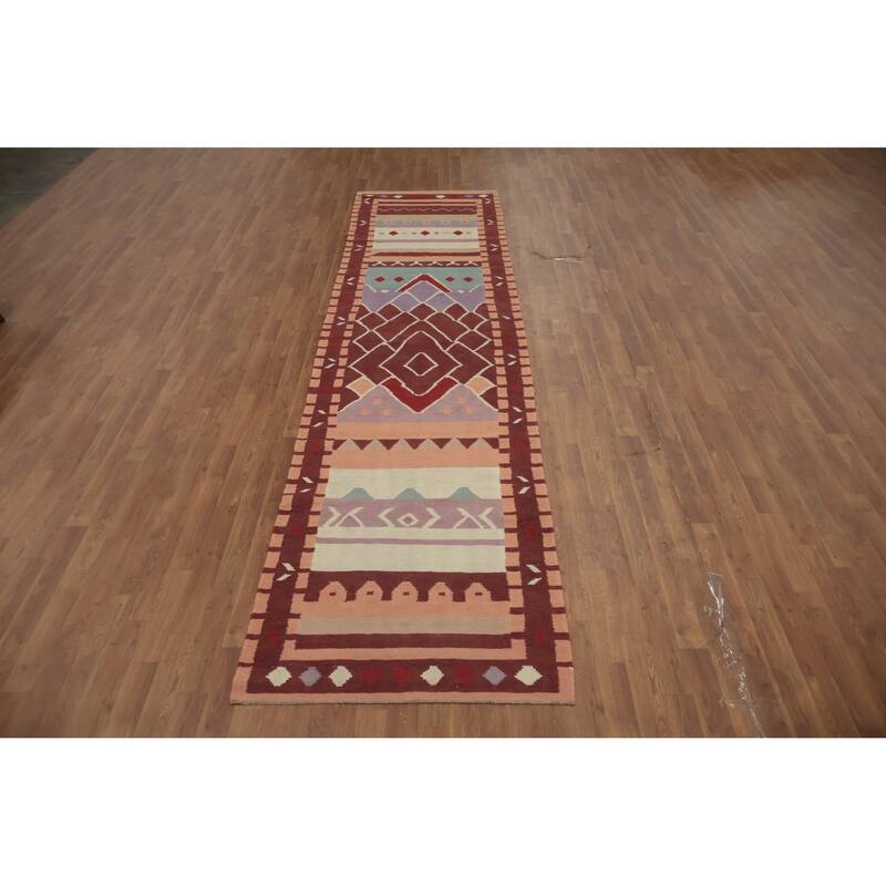 Hand Woven Oriental 100% Wool Carpet Southwestern Tribal Multi-Colored Kilim Runner Rug - 12' 10'' X 3' 2''