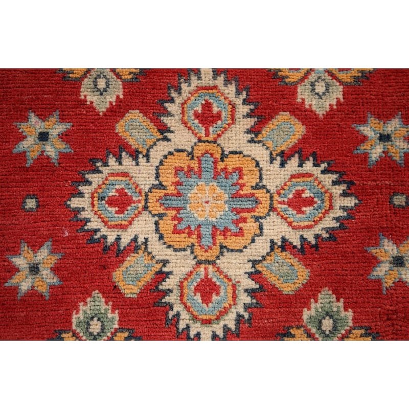Geometric Red Kazak Oriental Runner Rug Handmade Wool Carpet - 2'2" x 5'7"