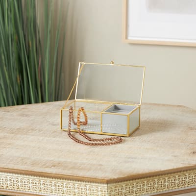 Clear Glass Jewelry Box with Gold Metal Frame and Gray Fabric Interior with Ring Slots