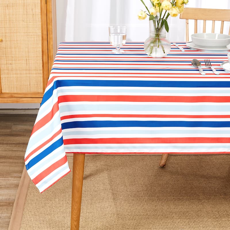 Deconovo Waterproof Polyester Tablecloth with Three Striped Patterns - 60 Inch Round - Red and Blue